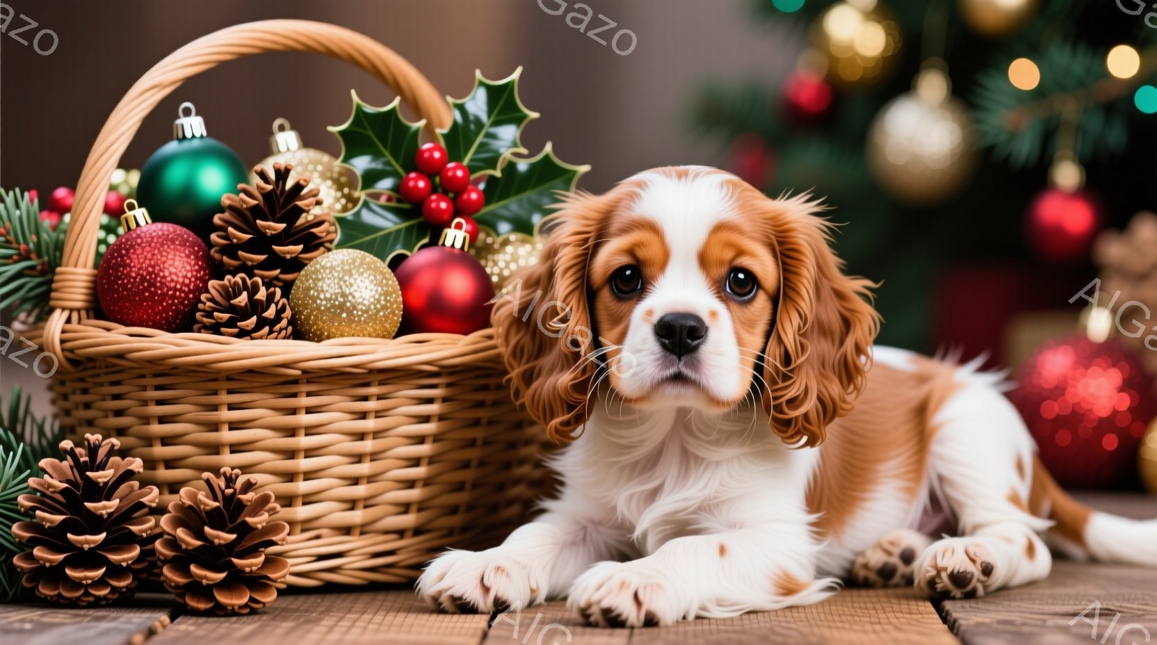 白とオレンジ色のキャバリアキングチャールズスパニエルが木の板の上に横たわっており、近くには赤い、緑の、金の松ぼっくりとオーナメントが入った籐のバスケットがあります。犬は正面をまっすぐ見ており、穏やかでリラックスした表情をしています。背景にはぼやけたクリスマスツリーの光が見え、全体的に温かく、お祝いの雰囲気です。