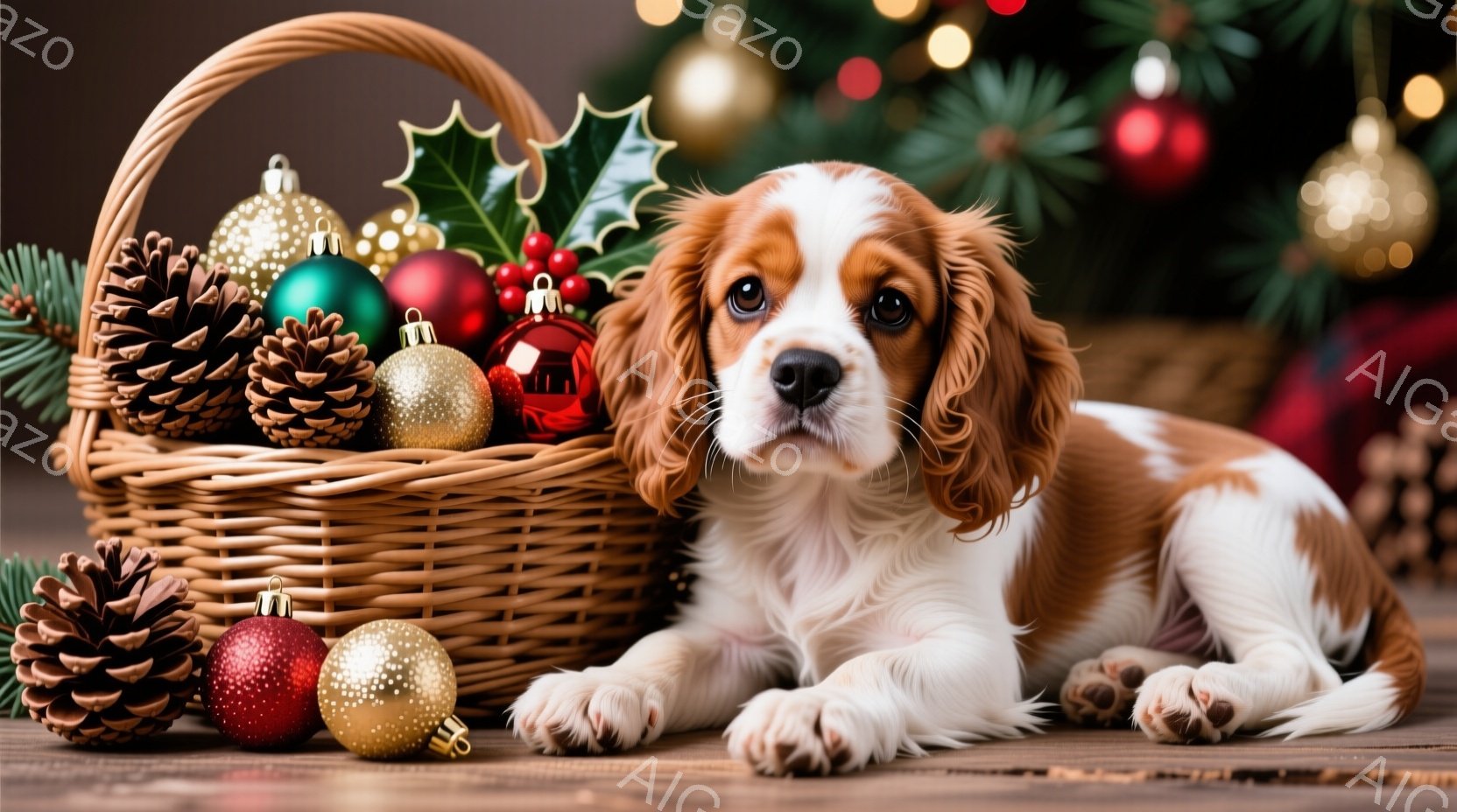 白とオレンジ色の毛並みを持つキャバリア・キング・チャールズ・スパニエルが、クリスマスのオーナメントが入ったバスケットの横に横たわっています。犬は正面を見つめ、穏やかで愛らしい表情をしています。背景には - AI生成フリー素材