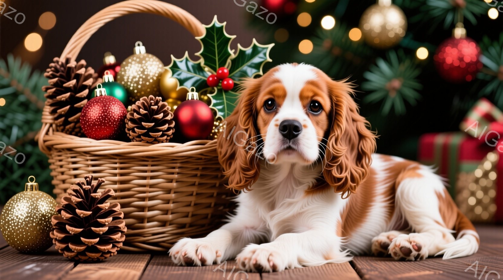 鮮やかな赤と白の毛並みを持つキャバリア・キング・チャールズ・スパニエルの子犬が、木製の床に横たわっています。子犬はリラックスした表情でカメラを見つめ、そばには松ぼっくりやクリスマスオーナメントが飾られ - AI生成フリー素材