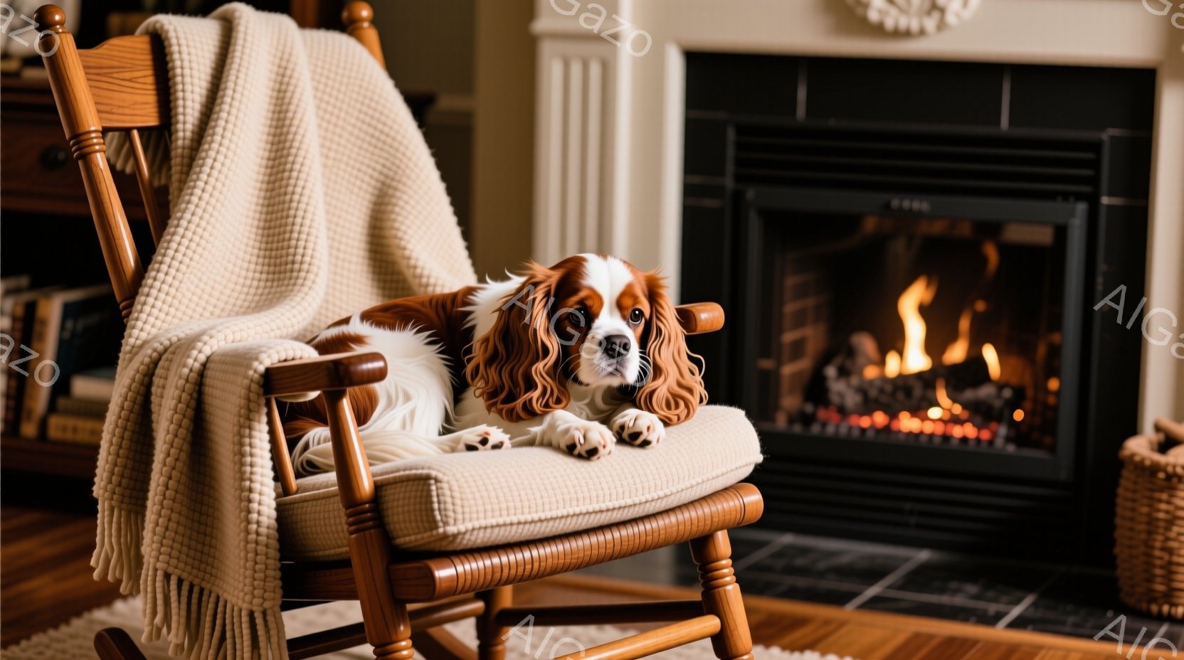 温かい色のロッキングチェアに、茶色と白の毛並みのキャバリア・キング・チャールズ・スパニエルがゆったりと横たわっています。椅子の背もたれにはベージュの毛布がかけられ、犬はリラックスした表情で前足を組んで - AI生成フリー素材