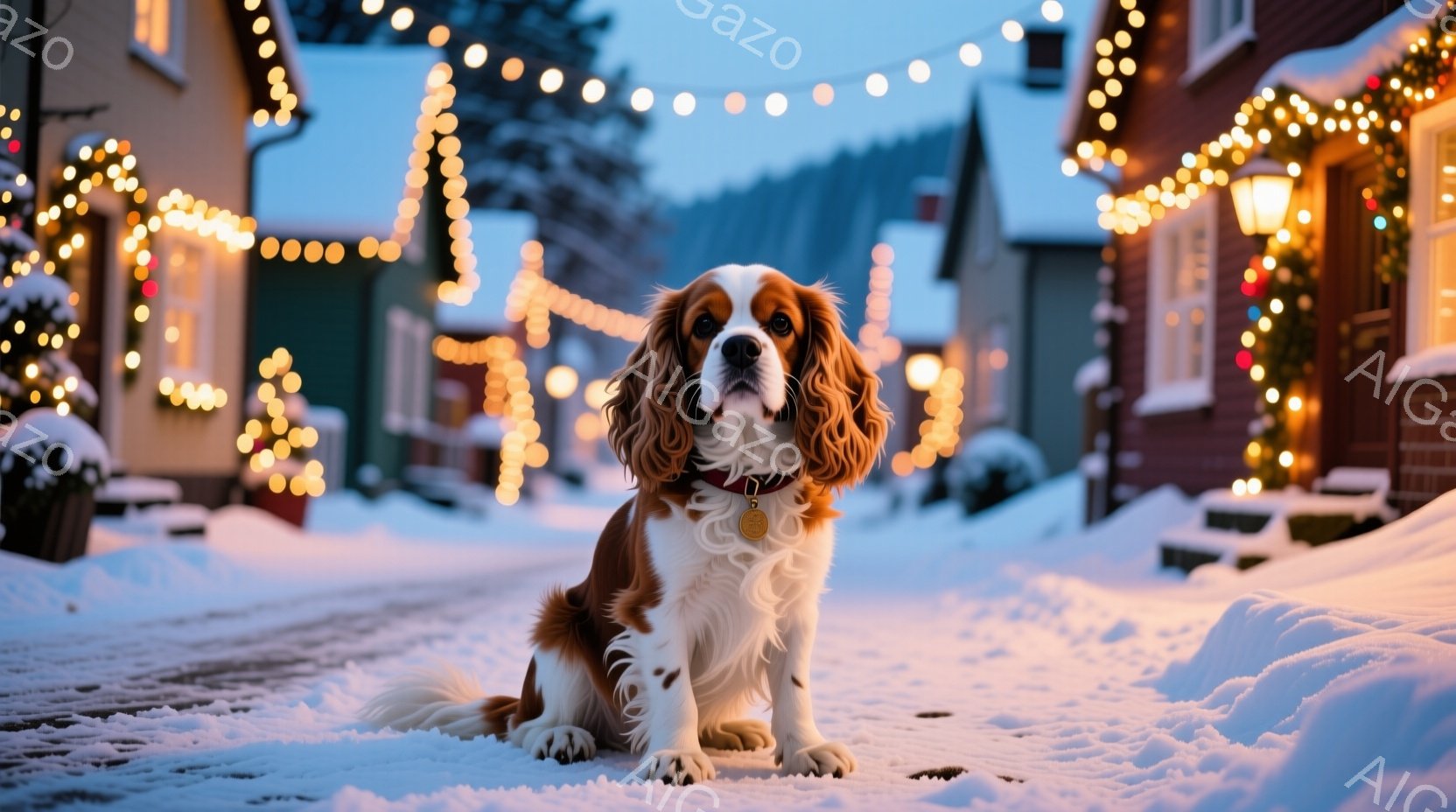 白と茶色の美しいキャバリア・キング・チャールズ・スパニエルが雪に覆われた石畳の道に座っています。首輪には金色のタグがついており、穏やかで堂々とした表情をしています。背景には、温かい光で飾られた雪景色の中の可愛らしい建物が並び、冬の暖かく心地よい雰囲気を醸し出しています。