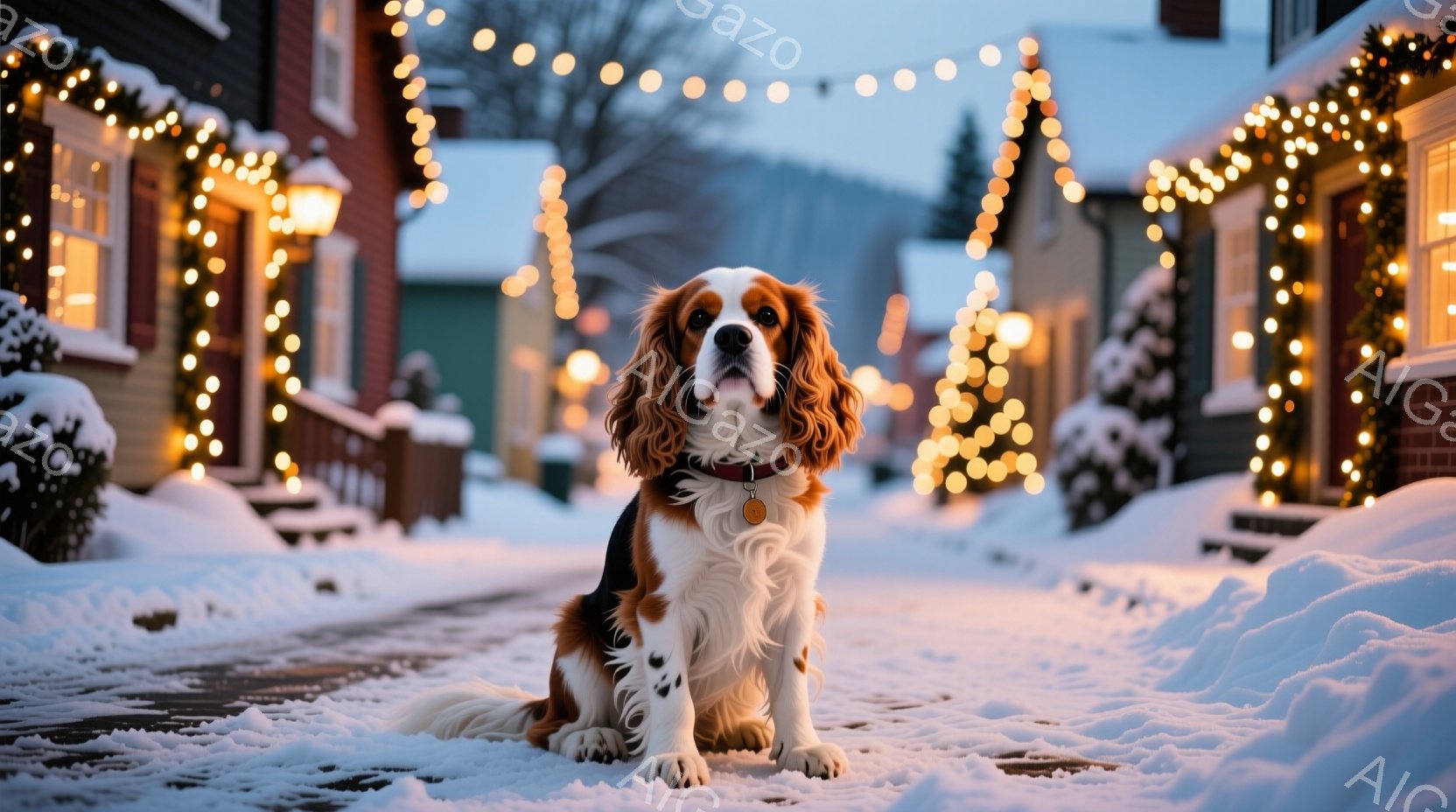 白とオレンジ色の毛並みを持つキャバリア・キング・チャールズ・スパニエルが雪に覆われた道に座っています。首輪にはタグが付いており、穏やかな表情で正面を見ています。背景には、クリスマスイルミネーションで飾られた家々が並び、雪景色の中で温かく幻想的な雰囲気を醸し出しています。