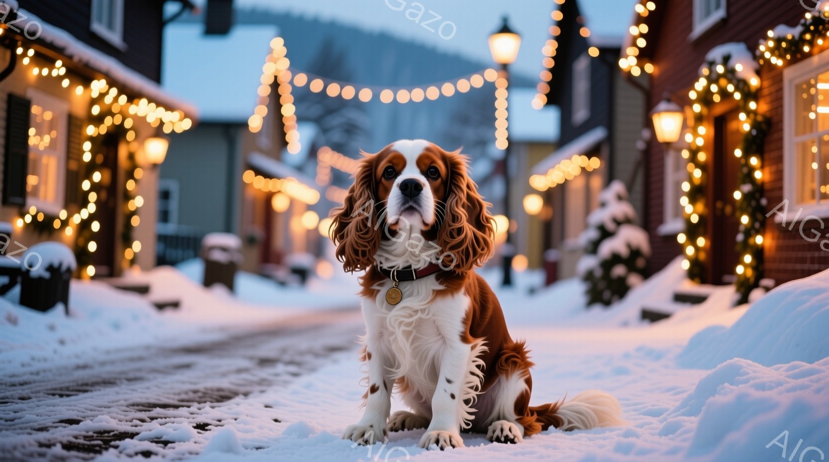 白い雪に覆われた道に、茶色と白の毛並みのキャバリア・キング・チャールズ・スパニエルが座っています。赤い首輪をつけており、穏やかで優しい表情で正面を見つめています。背景には、クリスマスイルミネーションで飾られた家々が並び、冬の静かで暖かい雰囲気を醸し出しています。