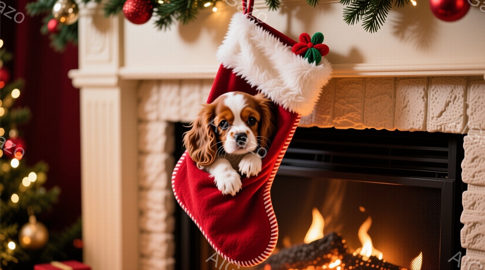 赤いクリスマスストッキングの中に、小さな茶色と白のパピーが可愛らしく顔を出しています。パピーは少し驚いた表情で、前足を出してストッキングの縁に寄りかかっています。背景には暖炉があり、炎が燃え盛り、クリ - AI生成フリー素材