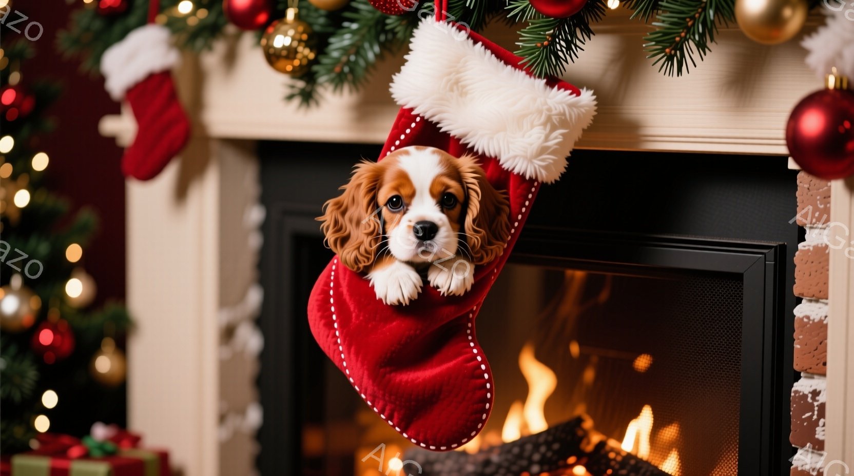 赤いクリスマスストッキングの中に、かわいらしい茶色と白のパピーが顔を出しています。パピーは好奇心いっぱいの表情で前足をストッキングの縁につけて覗き込んでおり、クリスマスの暖炉の前で幸せな雰囲気を醸し出 - AI生成フリー素材