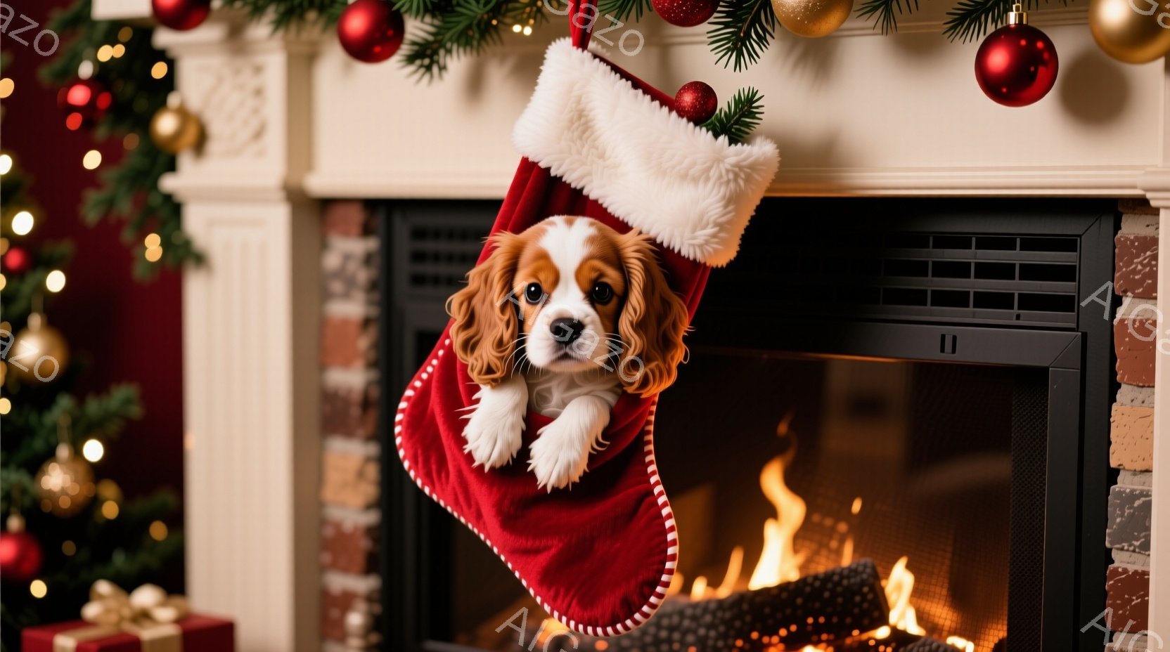 赤いクリスマスストッキングの中から、小さな茶色と白の毛並みの犬が顔を出しています。暖炉の火が暖かく光り、クリスマスツリーの飾りとプレゼントが背景に見えます。全体的に暖かく、お祝いの雰囲気が漂っています - AI生成フリー素材