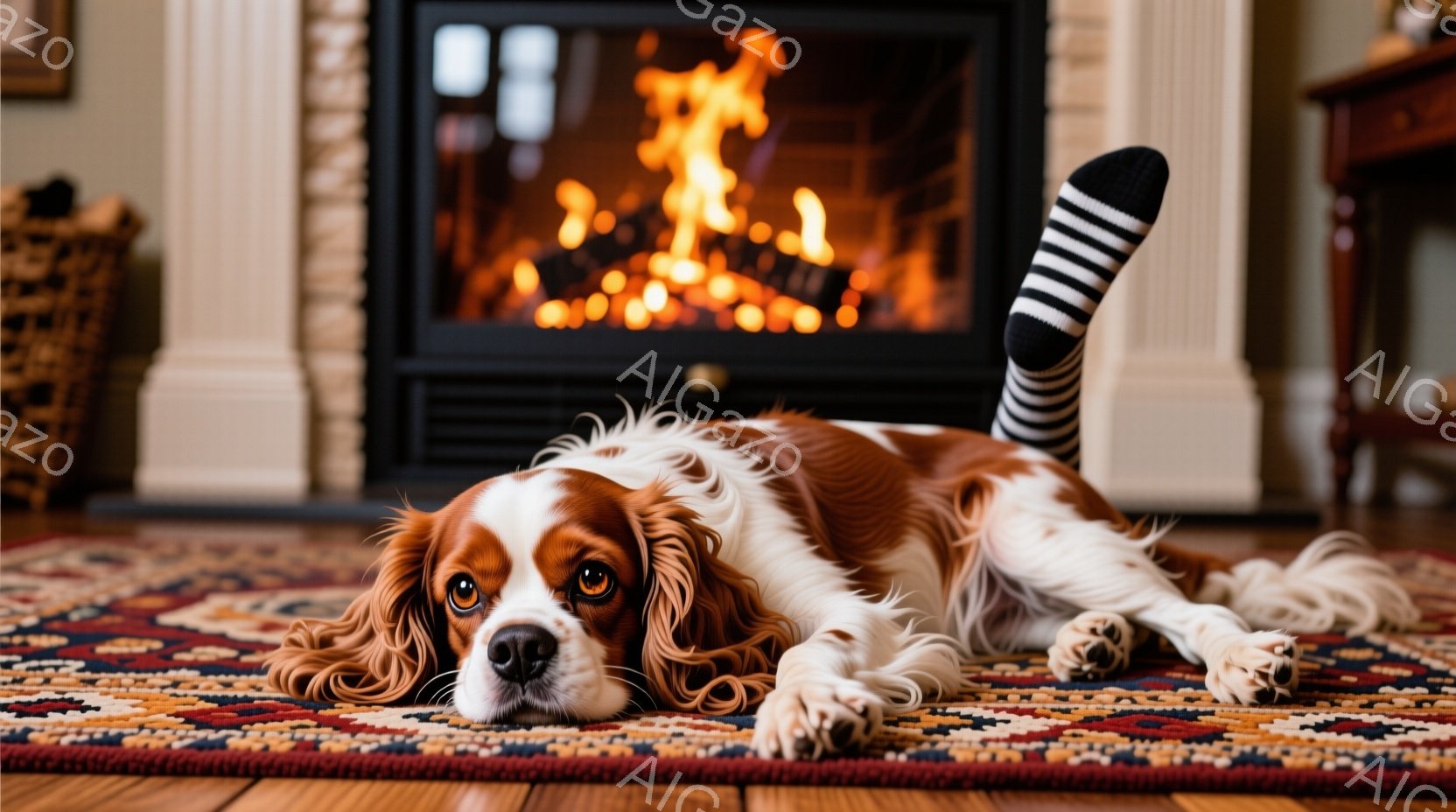 赤と白の毛並みのキャバリア・キング・チャールズ・スパニエルが、カラフルなペルシャ絨毯の上に横たわっており、足元には縞模様の靴下が履かれています。犬はリラックスした表情で、ゆったりと体を伸ばして暖炉のそ - AI生成フリー素材
