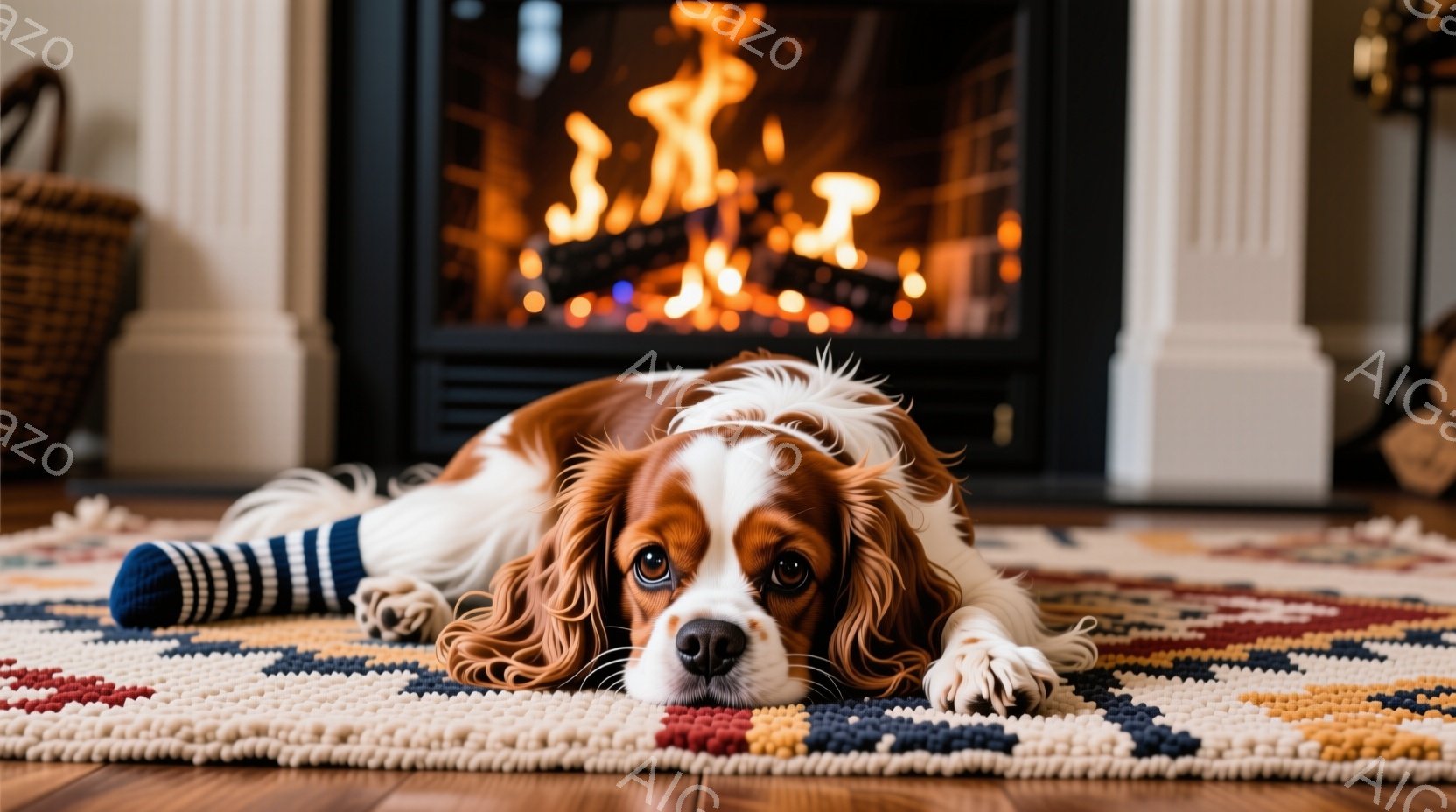 暖炉の前でリラックスしたキャバリア・キング・チャールズ・スパニエルが、鮮やかな縞模様の靴下を履いて横たわっています。犬は穏やかな表情でカメラを見つめ、木製の床とカラフルなラグの上に身を横たえています。背景には暖炉があり、炎が燃え盛っており、居心地の良い暖かい雰囲気を作り出しています。