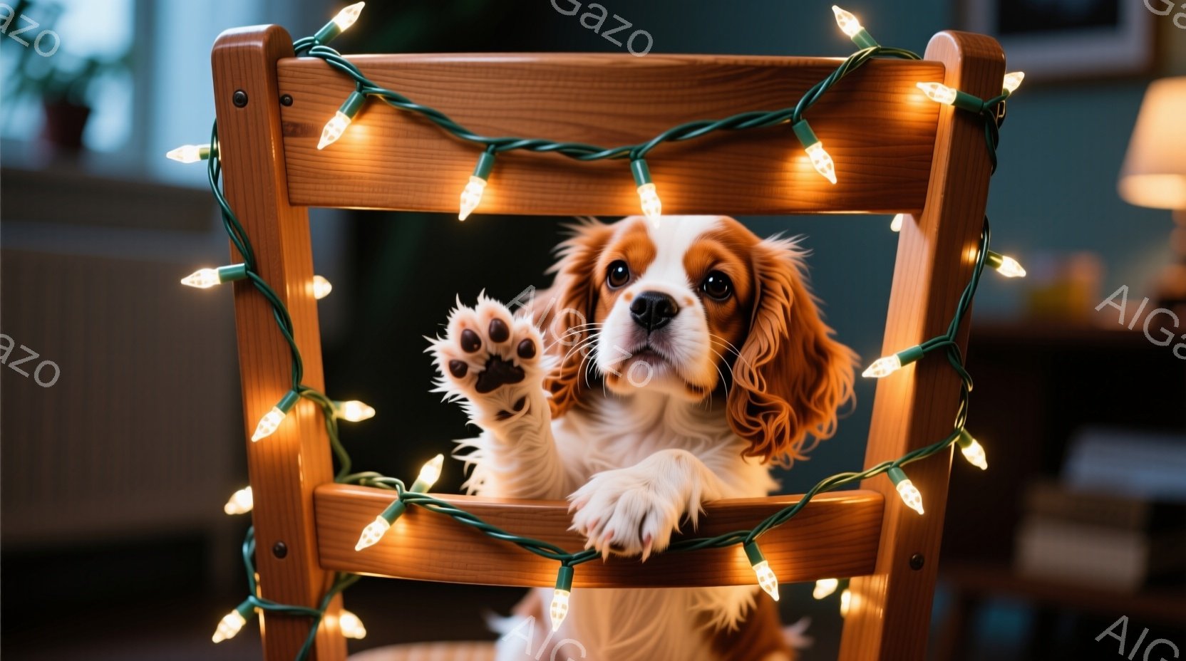 白とオレンジ色の毛並みを持つキャバリア・キング・チャールズ・スパニエルが、背もたれにクリスマスのイルミネーションが巻き付いた木製の椅子に前足をかけて座っています。犬はカメラに向かって少し上目遣いをし、 - AI生成フリー素材