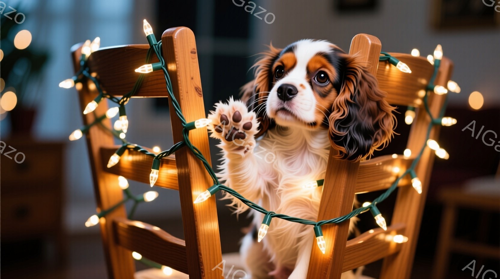 白と茶色の毛並みの可愛い子犬が、木製の椅子の背もたれに寄りかかり、前足で何かをつかもうとしている様子が捉えられています。椅子には暖かい色の電飾が巻き付けられ、背景はぼやけていますが、室内であることが分 - AI生成フリー素材