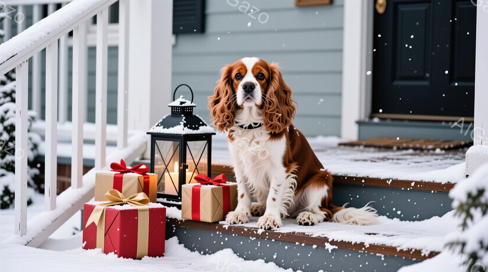 白とオレンジ色の毛並みのキャバリア・キング・チャールズ・スパニエルが、雪が降る家の外の階段に座っています。犬は黒い首輪を付けており、正面を見て穏やかな表情をしています。背景には、プレゼントボックスとランタンが置かれ、冬の暖かくお祝いムードを演出しています。