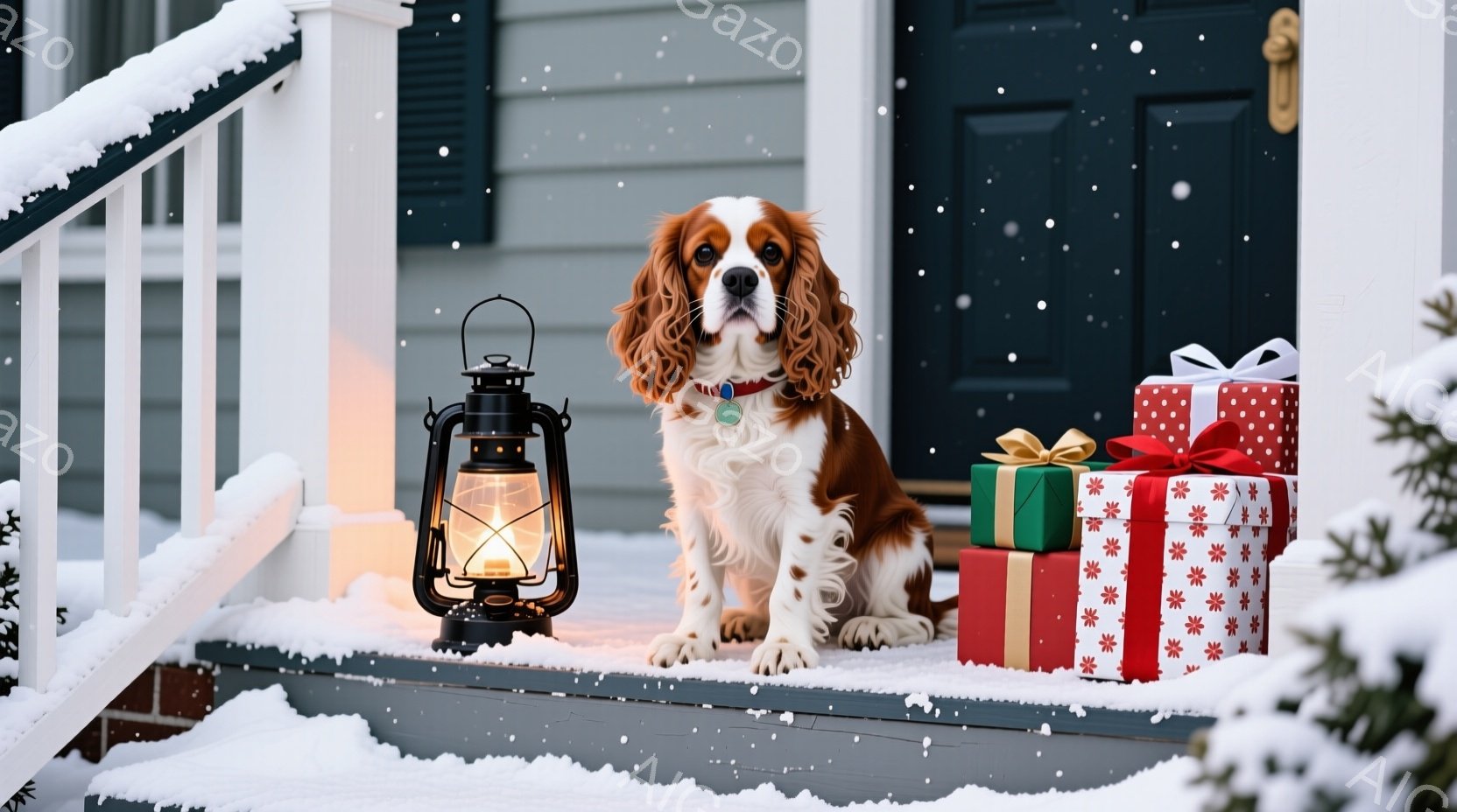 雪が舞う家の玄関先に、茶色と白の毛並みのキャバリア・キング・チャールズ・スパニエルが座っています。赤い首輪をつけ、正面を見つめており、周りにはリボンで飾られたプレゼントの箱が積み重ねられています。雪が - AI生成フリー素材