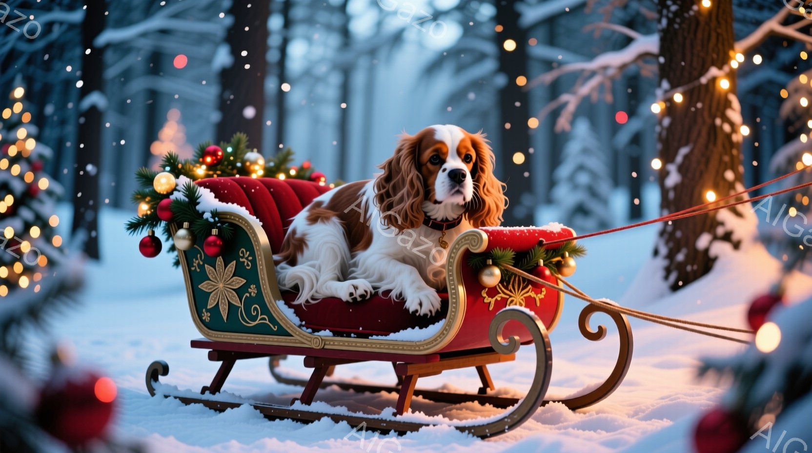 白と茶色の美しいコッカー・スパニエルが、クリスマスの飾り付けがされた赤いソリにゆったりと横たわっています。ソリは雪景色の中で、クリスマスツリーのイルミネーションと雪が舞う森の中に置かれており、華やかな雰囲気を醸し出しています。暖かく穏やかな光が、冬のワンダーランドの心温まる情景を強調しています。