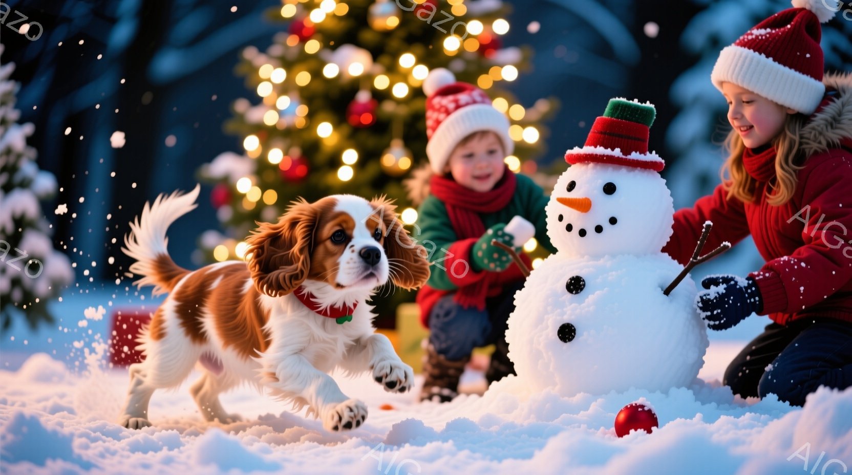 雪景色の中で、赤い帽子をかぶった女の子が雪だるまの顔を作っています。彼女は赤いセーターと黒いズボンを身につけ、楽しそうに雪だるまに目や口を付けています。背景にはキラキラと輝くクリスマスツリーがあり、元 - AI生成フリー素材