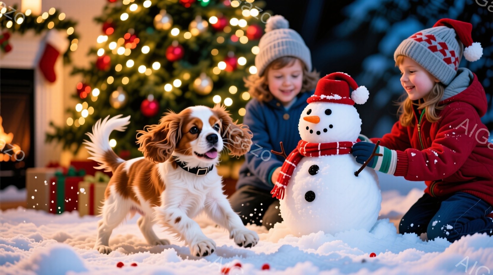 雪景色の中で、少年と少女が雪だるまを作っています。少年は茶色の髪に帽子をかぶり、赤いジャケットを着ています。少女は赤いコートと帽子を身に着け、雪だるまにスカーフを巻き付けている姿は、暖かく幸せなクリス - AI生成フリー素材