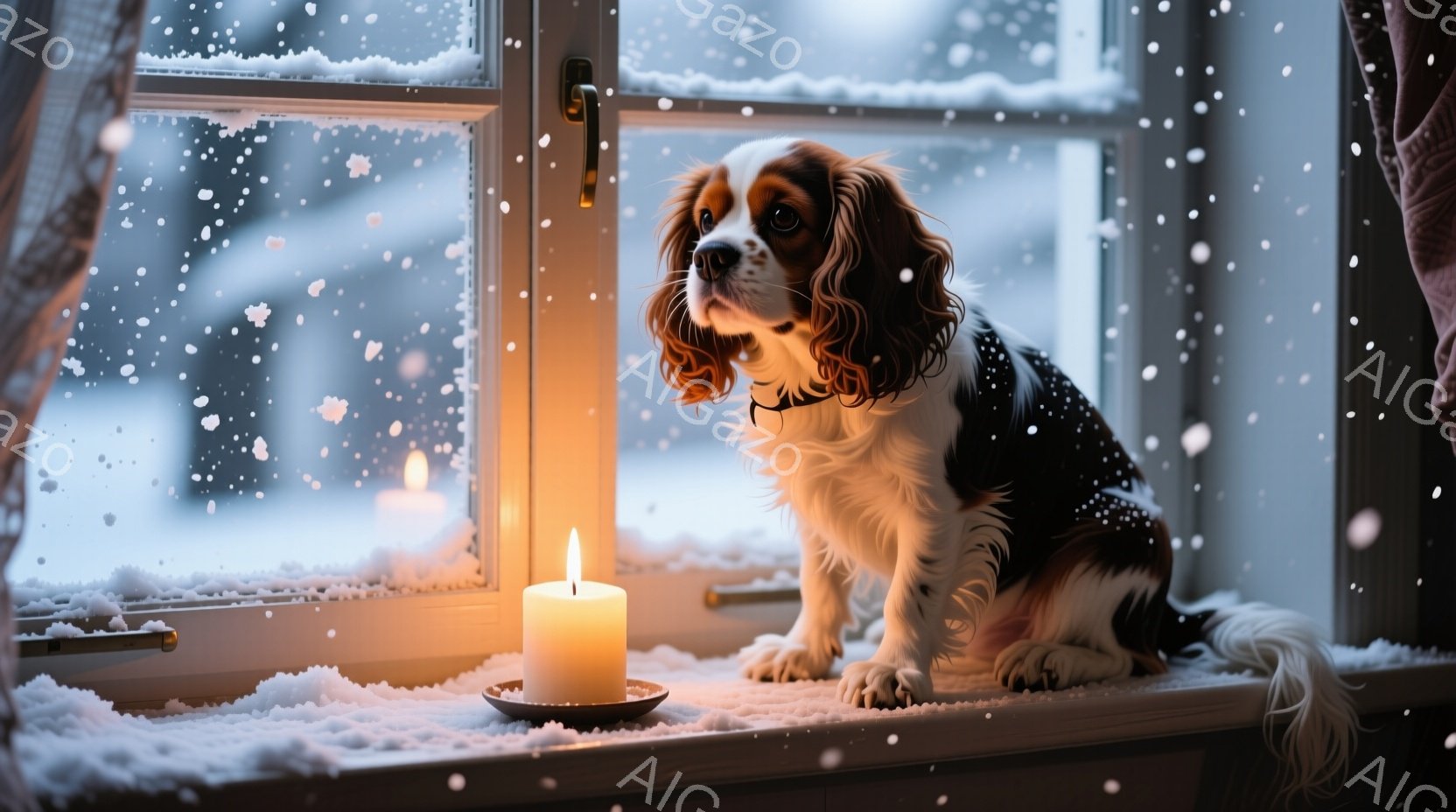 白い窓枠に座る、茶色と白の模様のキャバリア・キング・チャールズ・スパニエルが、外を雪が降る景色を静かに眺めている。窓辺には点灯したキャンドルが置かれ、雪景色と暖かな光が対照的な冬の雰囲気を醸し出してい - AI生成フリー素材