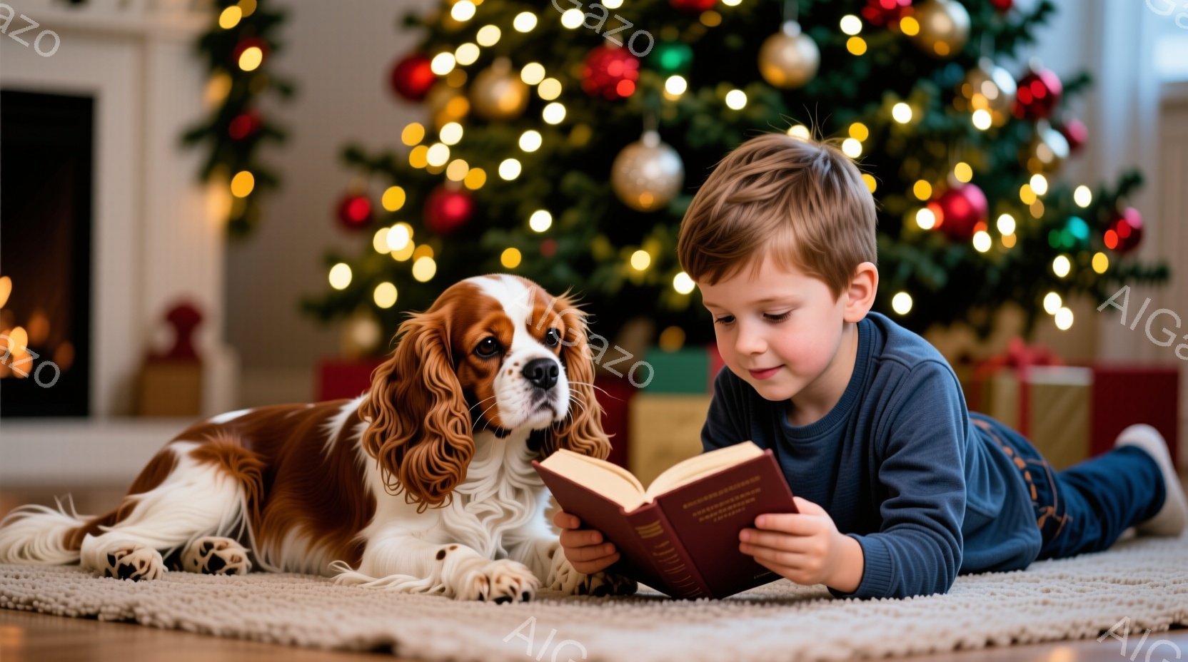 少年は床に寝そべり、開いた本を熱心に読んでいます。そばには、美しい毛並みの茶色と白のコッカー・スパニエルがおり、少年と本を見つめています。背景には、飾り付けられたクリスマスツリーとプレゼントがあり、温 - AI生成フリー素材