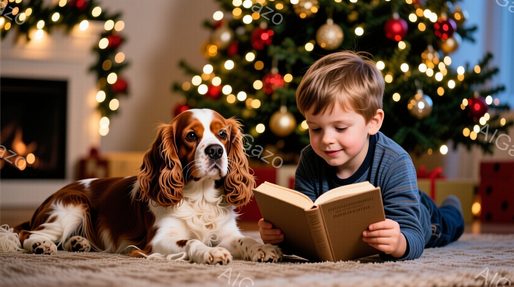 茶色と白の毛並みの犬が、カーペットの上に横たわっています。少年は青いズボンとセーターを着て、犬の隣で本を読みながらうつ伏せになっています。背景には、飾り付けられたクリスマスツリーとプレゼントが置かれ、 - AI生成フリー素材