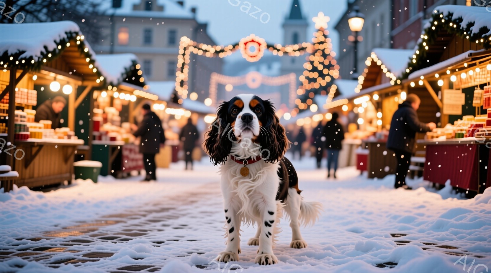 白と黒の毛並みを持つキャバリア・キング・チャールズ・スパニエルが、雪で覆われた石畳の通りで正面を向いて立っている。背景には、クリスマスの飾り付けが施された建物や、人々で賑わう市場の様子がぼんやりと見え - AI生成フリー素材