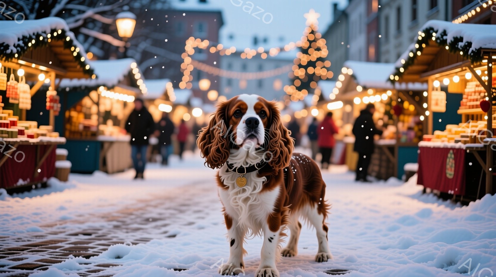 茶白のキャバリア・キング・チャールズ・スパニエルが、雪で覆われた石畳の道の中央で正面を向いて立っている。背景には、クリスマスマーケットの屋台が並び、温かい光で照らされ、雪が舞う幻想的な雰囲気を醸し出し - AI生成フリー素材