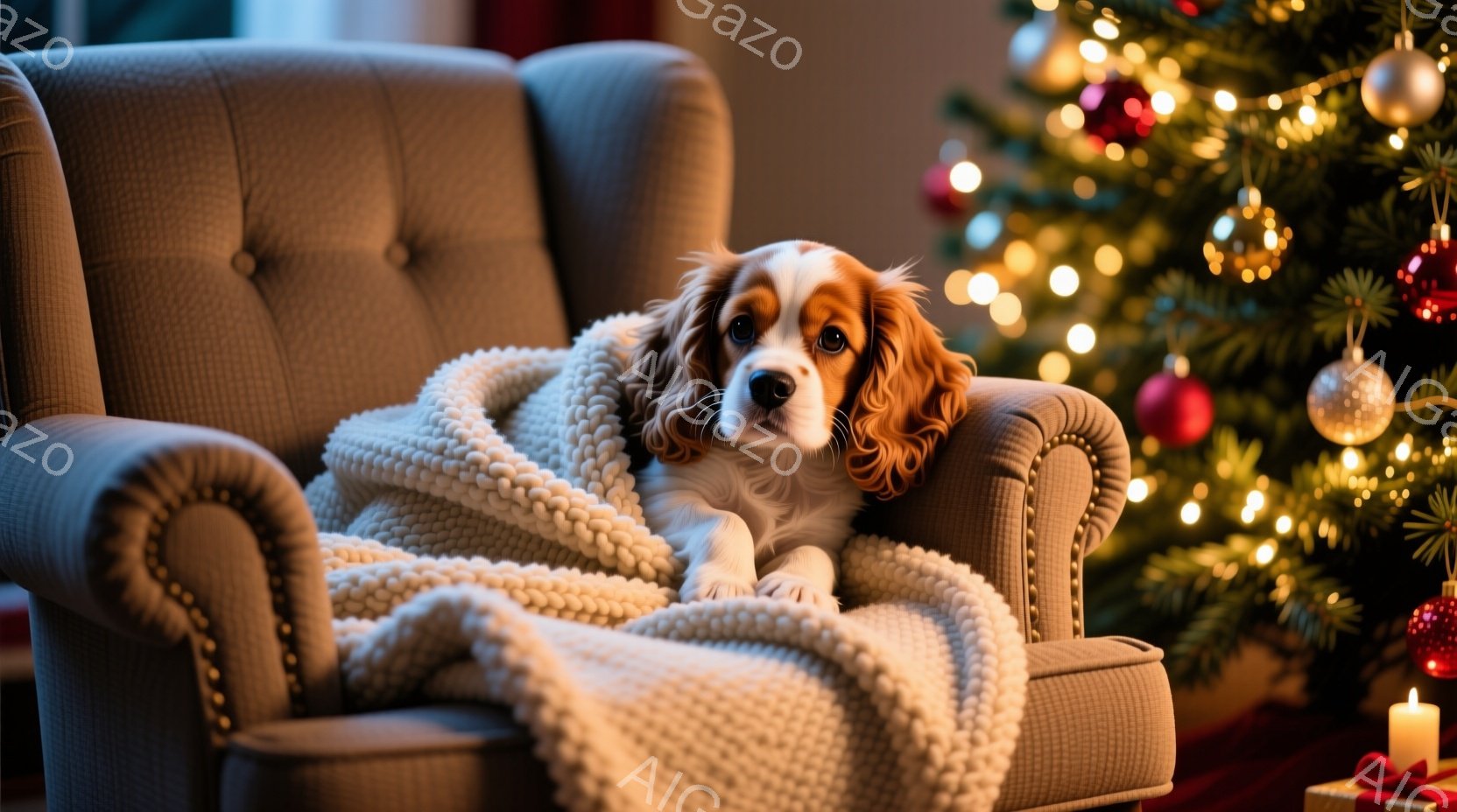 温かいベージュ色の肘掛け椅子に、毛並みの美しい茶色と白のコッカー・スパニエルが丸まって座っています。椅子にはざっくりとした編み物のブランケットがかけられ、犬はリラックスした表情で遠くを見つめています。 - AI生成フリー素材