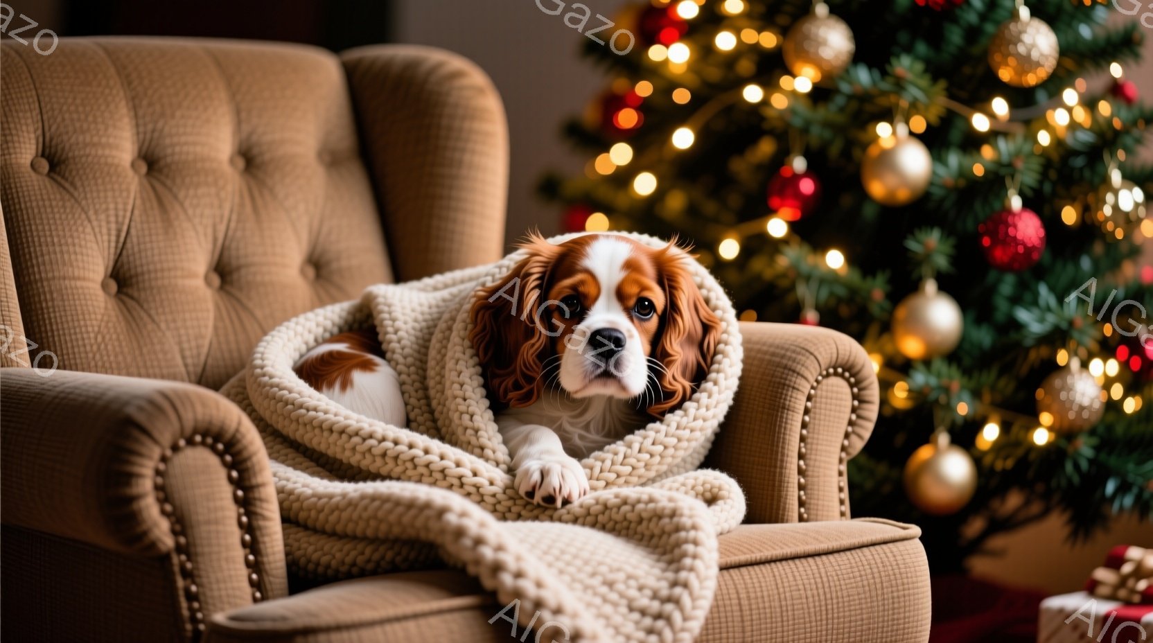 暖炉のそばにあるベルベットの肘掛け椅子に、茶色と白のキャバリア・キング・チャールズ・スパニエルが丸まって座っています。犬はオフホワイトのざっくりとした編み物のショールで体を包み、リラックスした表情でこ - AI生成フリー素材
