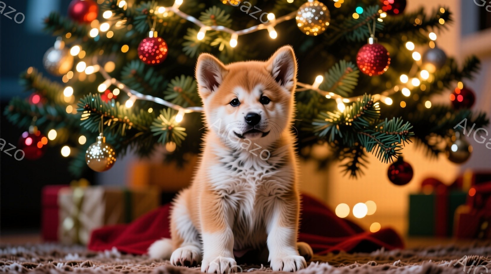 鮮やかなクリスマスツリーの前に、愛らしい子犬が座っています。子犬は明るいクリーム色の毛並みで、大きな黒い目と、わずかに微笑んでいるかのような表情をしています。背景には、プレゼントボックスや赤い布があり - AI生成フリー素材