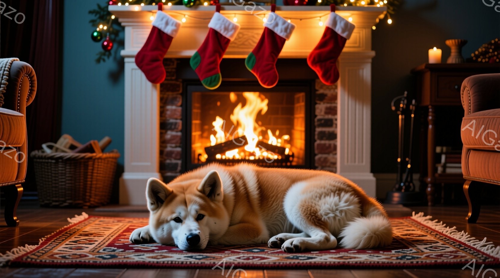 暖炉の前に敷かれたカラフルな絨毯の上で、クリーム色の柴犬がリラックスして横たわっています。暖炉には火が灯っており、壁にはクリスマス装飾が施され、赤いクリスマスストッキングが暖炉の上に飾られています。全 - AI生成フリー素材
