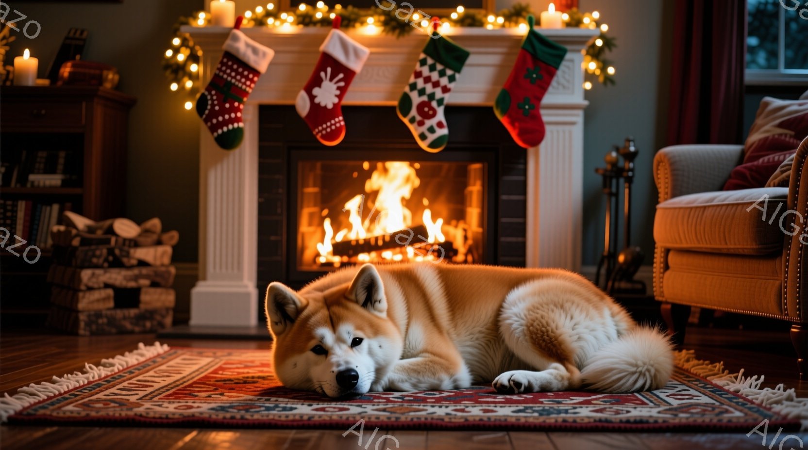 暖炉の前で、柴犬が赤い絨毯の上で横たわっています。背景にはクリスマスソックスが飾られた暖炉と、本棚、そしてソファが見え、温かく居心地の良い雰囲気が漂っています。犬はリラックスした表情で、穏やかな冬の日のひとときを表現しています。