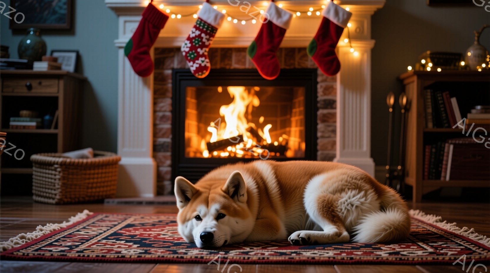 暖炉の前に敷かれたペルシャ絨毯の上で、柴犬が横たわっています。暖炉には火が燃え盛り、クリスマスの装飾が施されたストッキングが暖炉の上に飾られています。室内は温かく、リラックスした雰囲気が漂っており、冬 - AI生成フリー素材