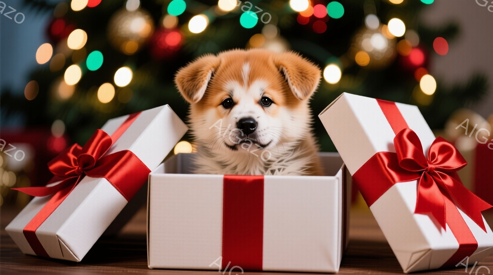 鮮やかな背景のぼやけた光の中で、小さな柴犬の子犬が白いギフトボックスから顔を出しています。子犬は好奇心に満ちた表情でカメラを見つめ、箱は赤いリボンで飾られています。全体的に、暖かく、お祝いの雰囲気が漂 - AI生成フリー素材
