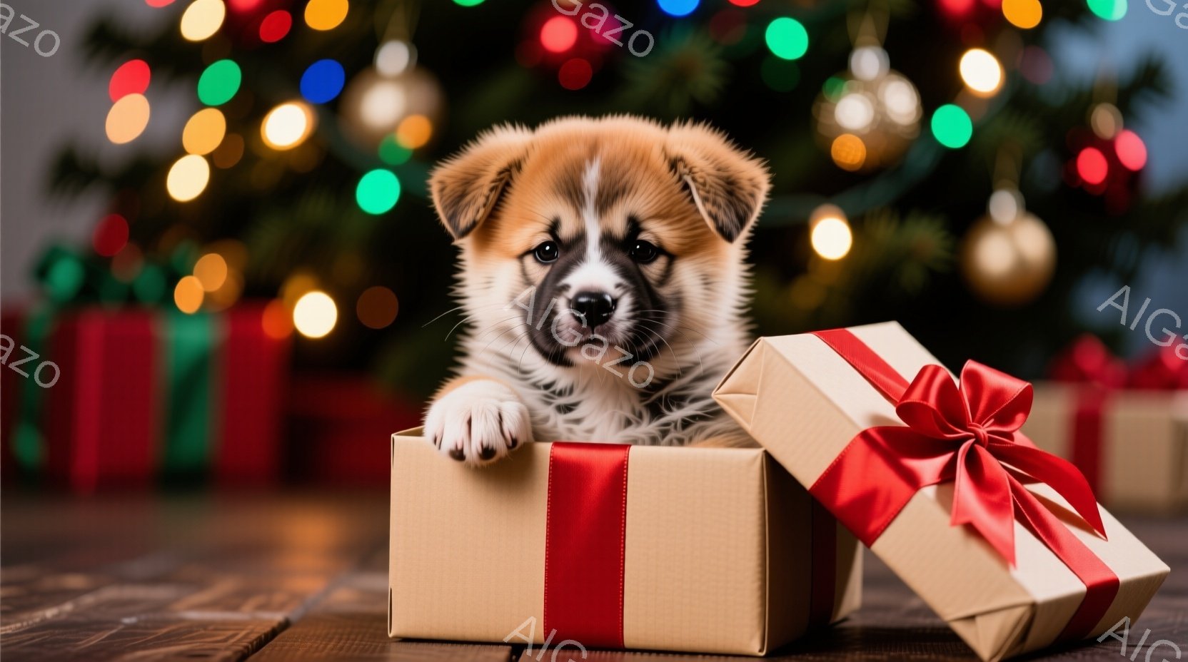 白と茶色の毛並みの小さな子犬が、開いた茶色のギフトボックスから顔を出しています。背景にはぼやけたクリスマスツリーの光と、他のラッピングされたギフトボックスが見え、お祝いの雰囲気を醸し出しています。木製 - AI生成フリー素材