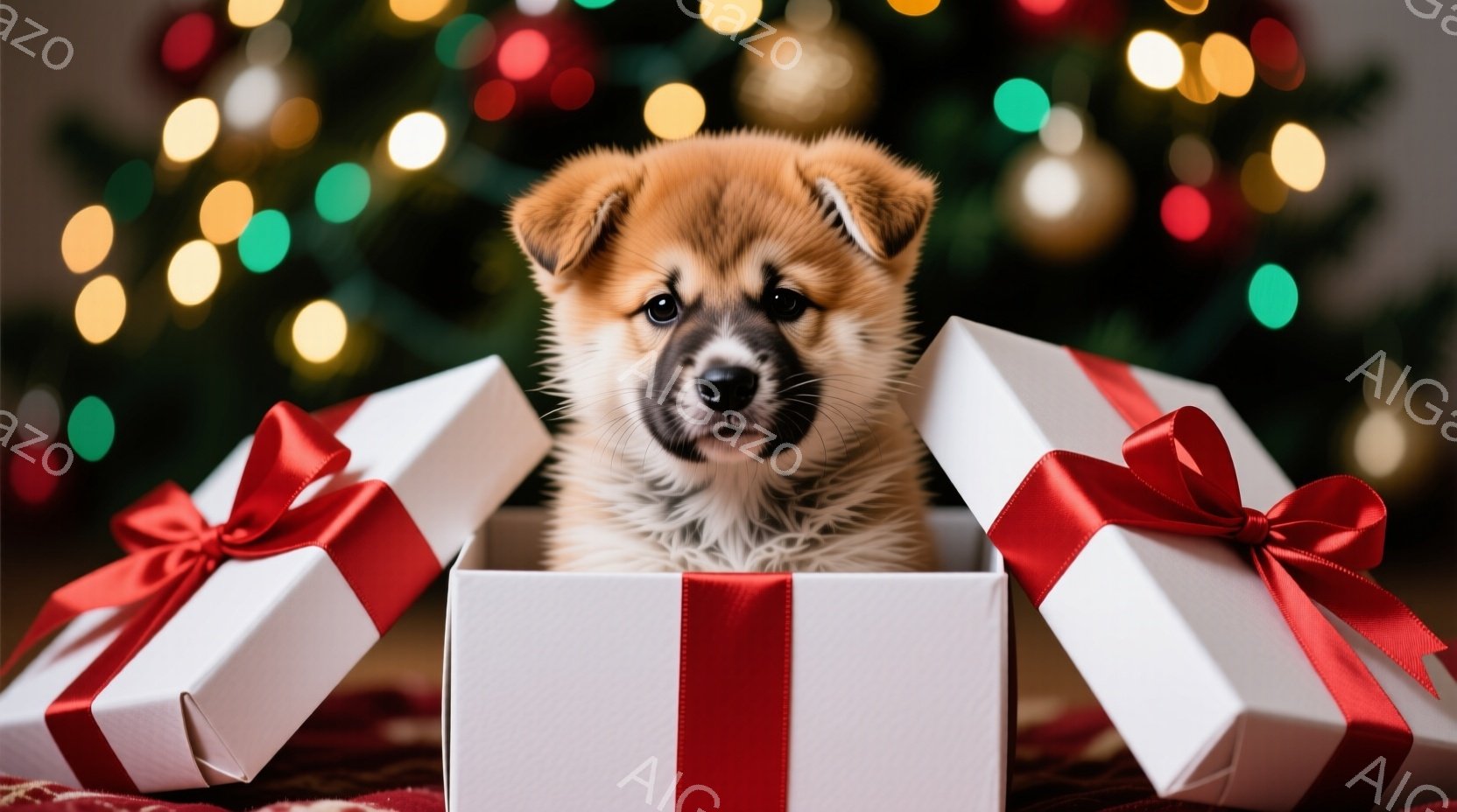 小さな柴犬の子犬が、赤いリボンで結ばれた白いギフトボックスの中に座っています。子犬は好奇心とわずかな困惑を浮かべた表情でカメラを見つめており、ふわふわの毛並みが愛らしい印象を与えます。背景にはぼやけた - AI生成フリー素材