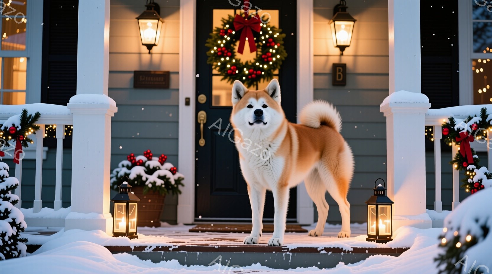 雪が降り積もった家の玄関前に、秋田犬が凛々と立っている。玄関にはクリスマスリースが飾られ、両脇には灯りがともったランタンが置かれている。雪景色とクリスマス装飾が合わさり、温かく、お祝いの雰囲気が漂っている。