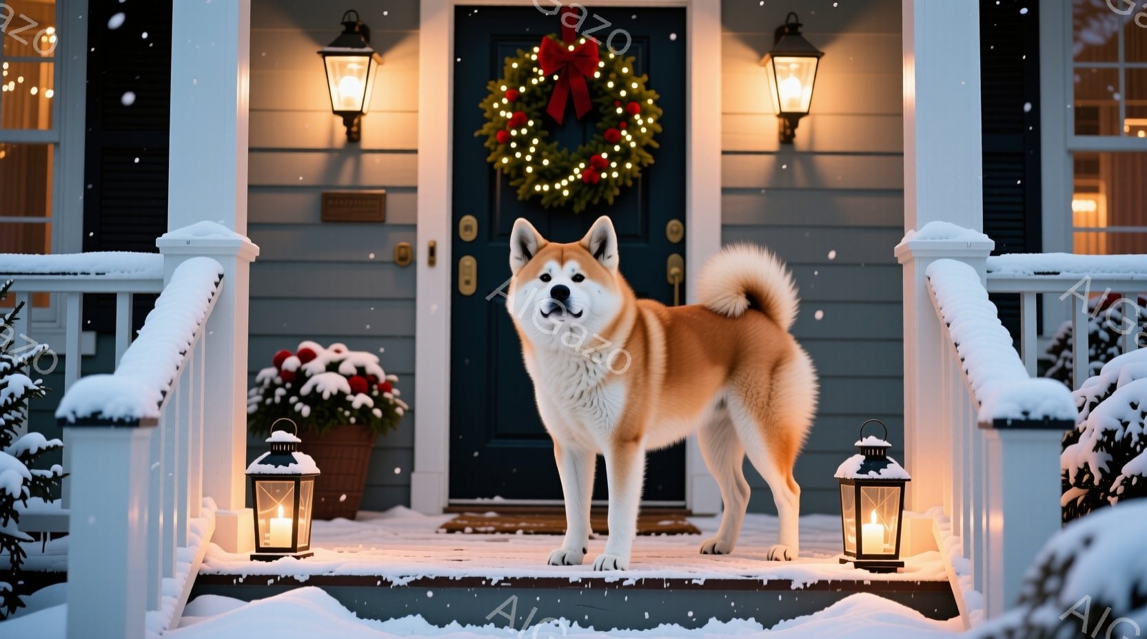 白い雪が降り積もる家の正面玄関に、赤茶色の柴犬が凛々と立っている。玄関にはクリスマスリースが飾られ、両脇には灯りが灯ったランタンと赤い花が咲き誇るプランターが置かれている。暖色の光が降り積もる雪を照ら - AI生成フリー素材