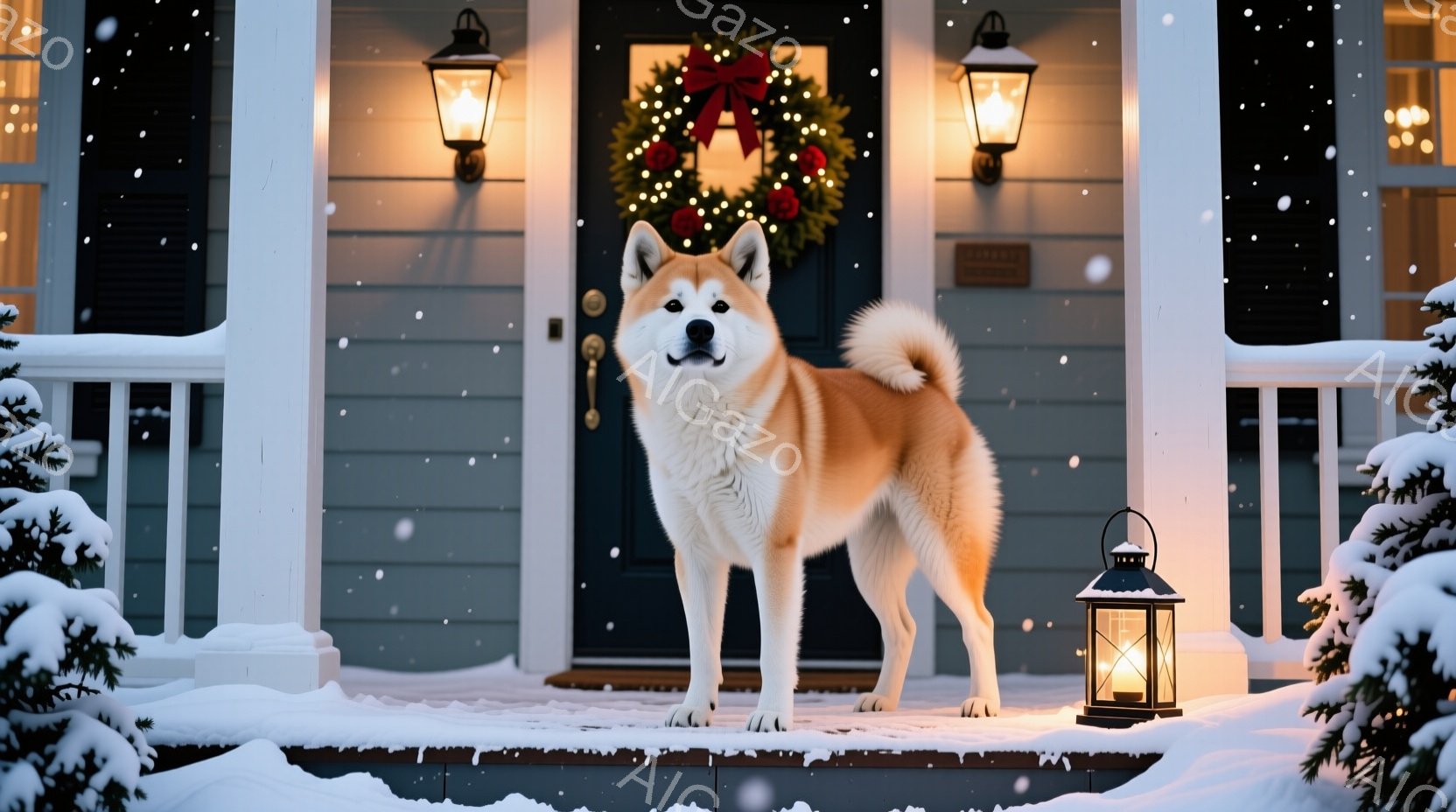 雪が降る中で、秋田犬が家の玄関の前に立っている。玄関にはクリスマスリースが飾られ、両脇には灯りが点灯したランタンが置かれている。背景には雪で覆われた庭と、冬の静寂を感じさせる穏やかな雰囲気が広がってい - AI生成フリー素材