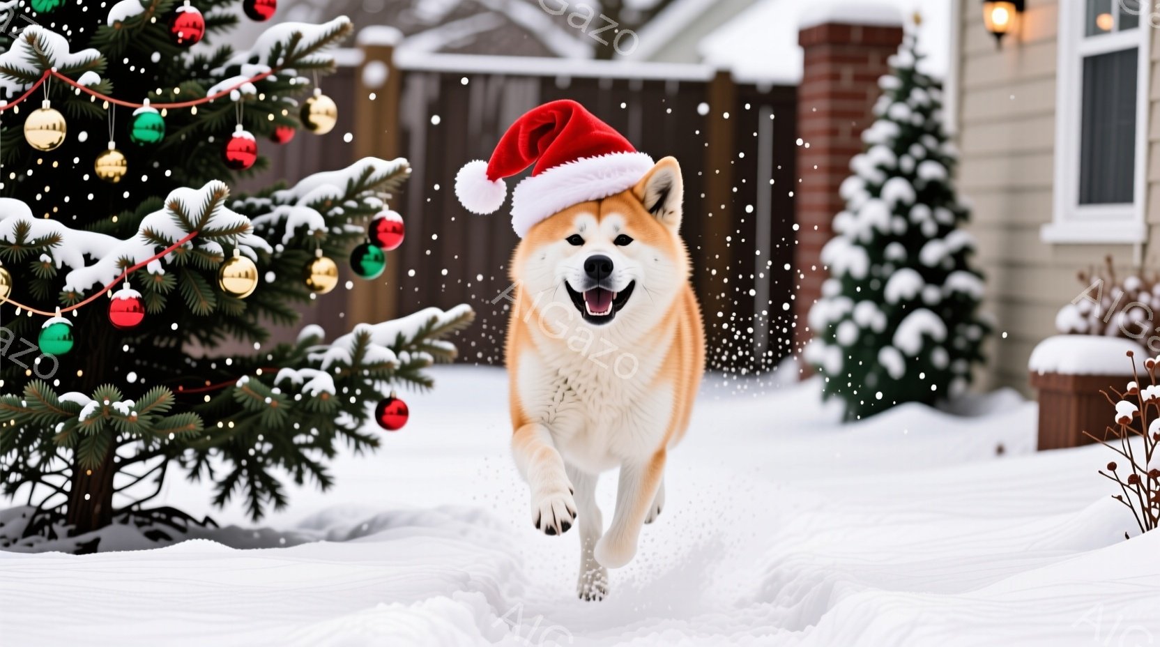 雪が舞う冬の風景の中で、柴犬がサンタ帽を被り、嬉しそうに雪の中を駆けている。背景にはクリスマスツリーが飾られ、住宅の光が暖かく輝いている。全体的に、明るく、お祝いムードにあふれた、幸せなクリスマスの光 - AI生成フリー素材