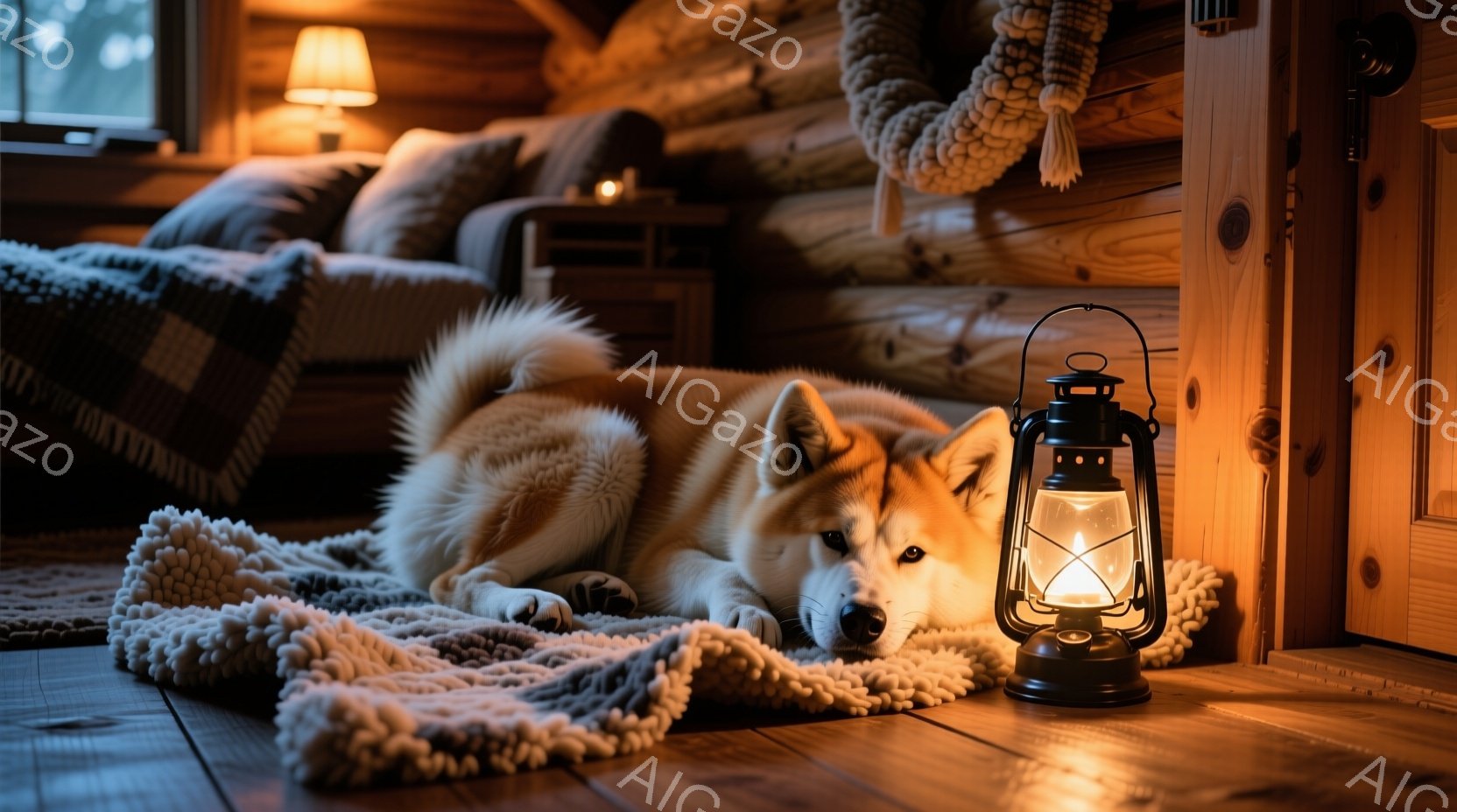 暖炉のある木の家の中に、毛並みの美しい秋田犬が丸まって横たわっています。犬はオフホワイトと茶色の毛並みで、落ち着いた表情でリラックスした様子です。背景には、クッションが置かれたソファと木製の壁、そして - AI生成フリー素材