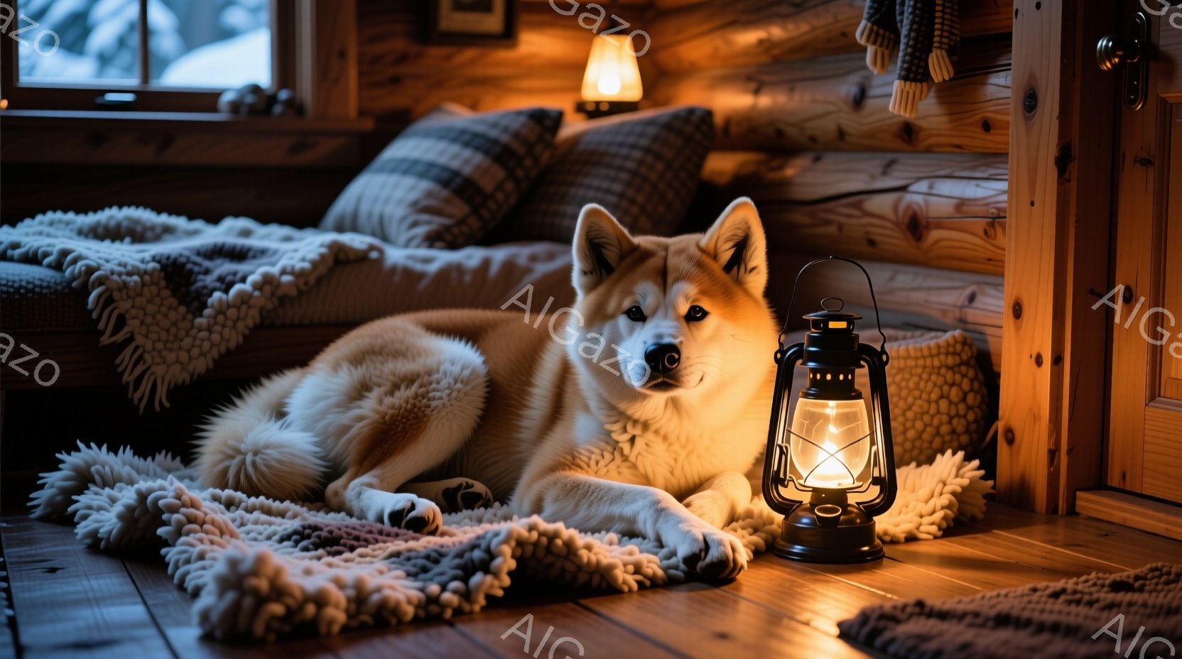 暖炉のある木の家の中で、柴犬が毛布の上に横たわっています。犬はリラックスした表情で、前足を伸ばして休んでいます。背景には、格子柄のクッションや窓から見える雪景色がぼんやりと見え、オイルランプが暖かな光を灯しています。