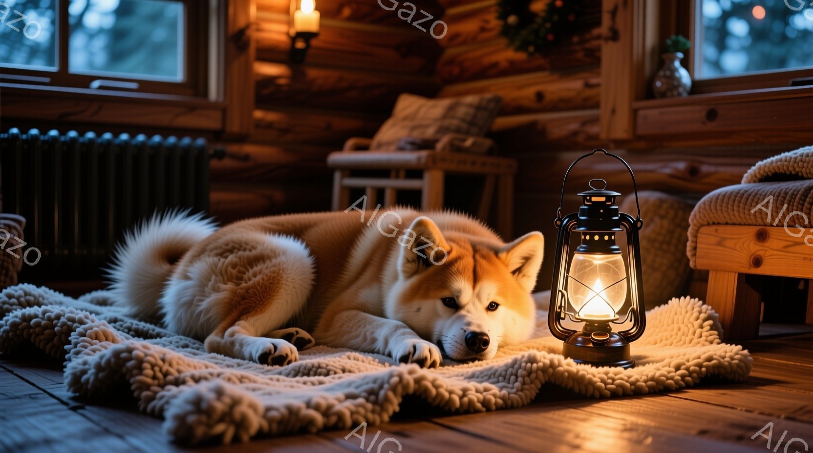 暖炉のある木の床に、柴犬がふわふわの毛布の上で横たわっています。犬はリラックスした表情で、片方の前足を伸ばし、落ち着いた様子です。背景には木製の家具、窓から見える暗い夜空、そしてオレンジ色の灯りが暖か - AI生成フリー素材