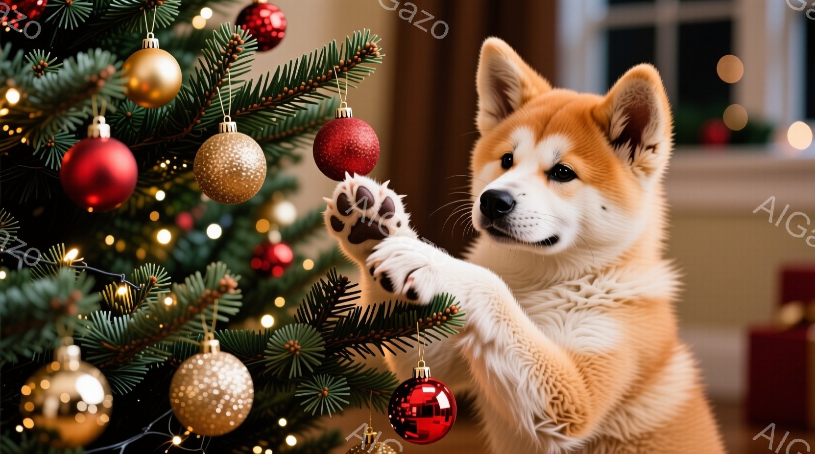 温かみのあるクリスマスツリーの前に、毛並みの美しい秋田犬の子犬がいます。子犬は前足を伸ばし、赤いオーナメントに触れようとしており、好奇心と遊び心に満ちた表情をしています。背景にはぼやけた光が散りばめら - AI生成フリー素材