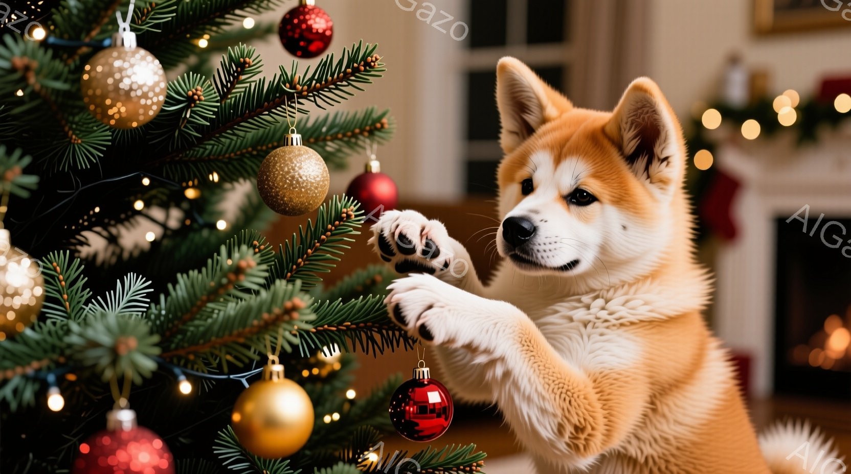 明るい緑色のクリスマスツリーに、ふわふわの赤褐色の柴犬の子犬が前足を伸ばして、オーナメントの赤いボールに触れようとしています。子犬は好奇心旺盛な表情で、少し上を見上げています。背景にはぼんやりと部屋の - AI生成フリー素材