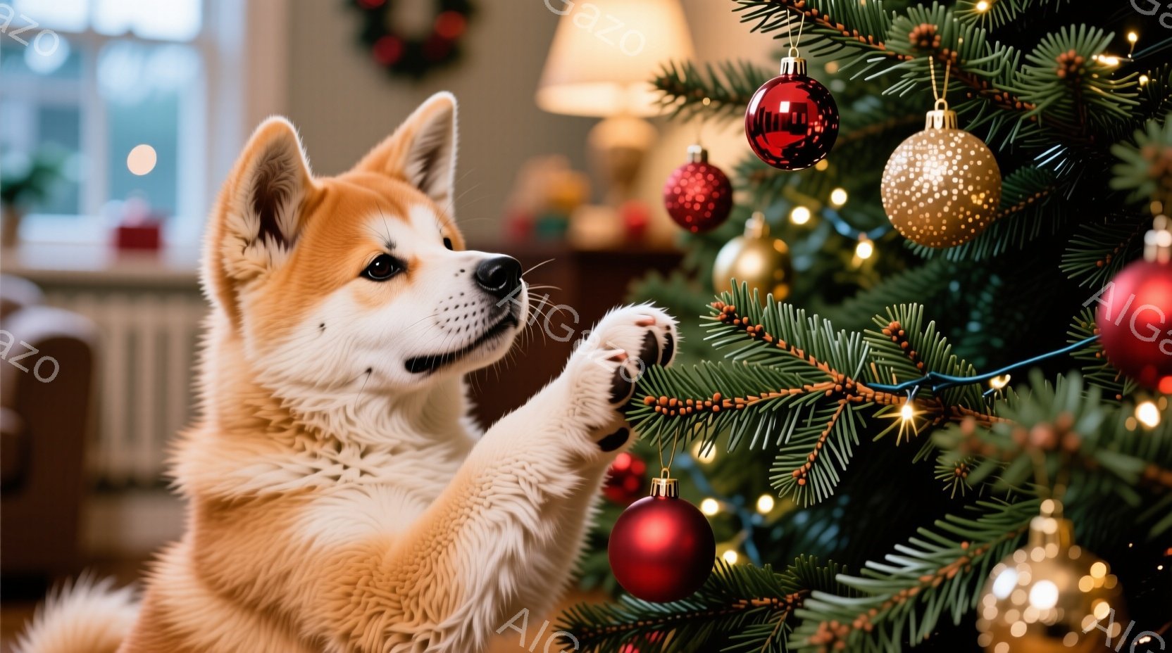 鮮やかな赤色のクリスマスツリーの前に、ふわふわとした茶色の秋田犬の子犬が立っています。子犬は前足を伸ばし、ツリーの枝にぶら下がっている赤いオーナメントに興味津々で触れようとしています。背景にはぼんやり - AI生成フリー素材