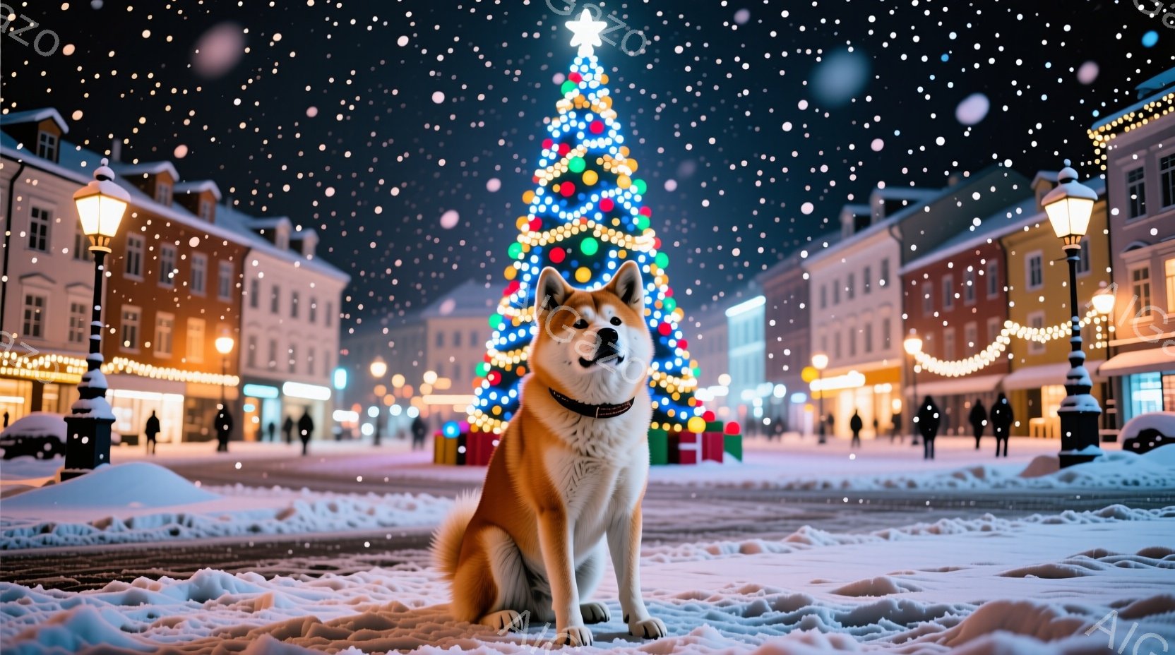 雪が舞う夜の街並みの中、柴犬が正面を向いて座っている。赤い首輪をつけ、凛とした表情でカメラを見つめており、その周りには雪が積もった石畳の道が続いている。背景には、色とりどりのイルミネーションで飾られた - AI生成フリー素材