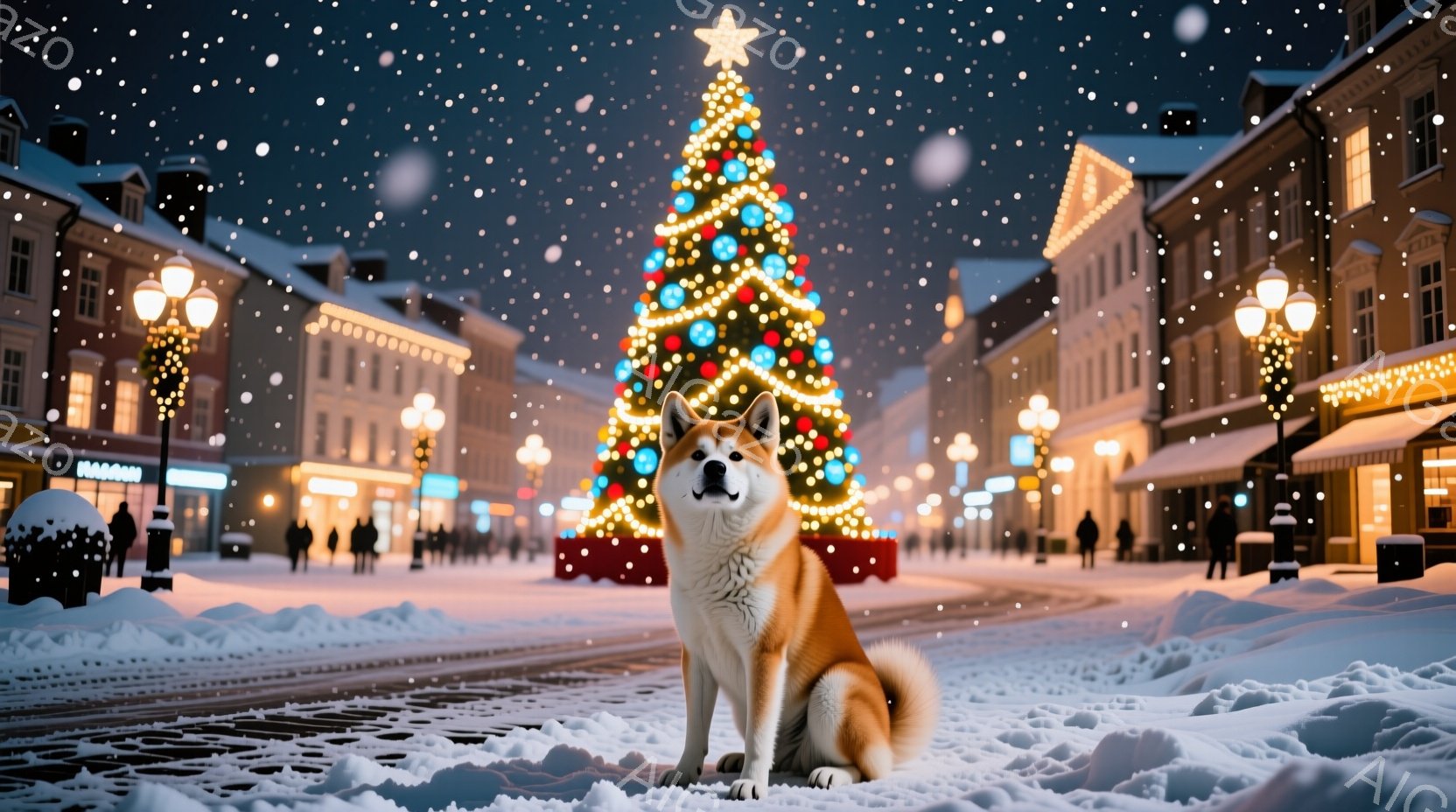 雪が降る賑やかな街並みが広がっており、中央には色とりどりのイルミネーションで飾られた巨大なクリスマスツリーが聳え立っています。ツリーの手前には、毛並みの美しい秋田犬が座り、穏やかな表情でこちらを見つめ - AI生成フリー素材
