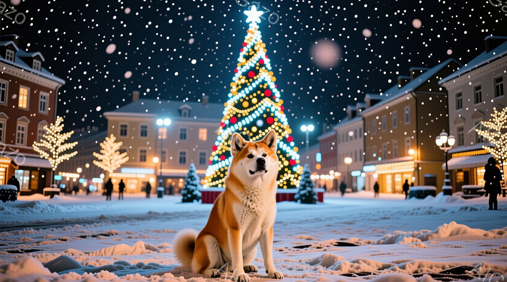 雪が降る夜の街並みを背景に、秋田犬が正面を向いて座っている。犬は明るい茶色の毛並みで、凛々しい表情をしている。背景には、クリスマスツリーやイルミネーションで飾られた建物が並び、冬の暖かく幻想的な雰囲気 - AI生成フリー素材