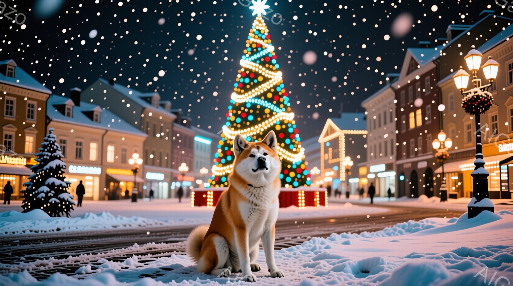 凍てつくような冬の夜、雪に覆われた広場に柴犬が座っている。背景にはクリスマスツリーが輝き、周囲の建物もイルミネーションで彩られている。雪が舞い散る中、犬は落ち着いた表情で正面を見つめ、暖かなクリスマスの雰囲気を演出している。