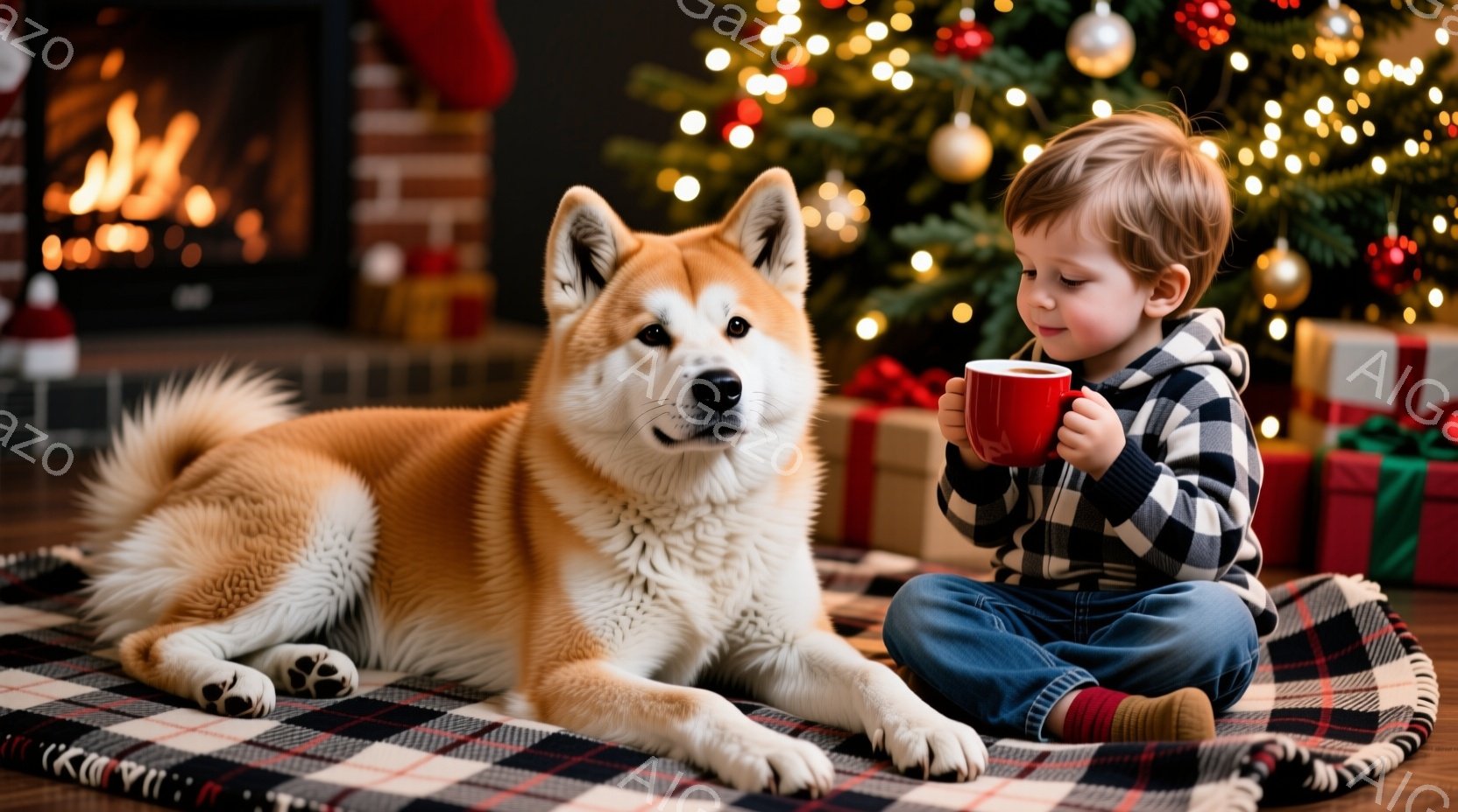 少年はチェック柄のパーカーとジーンズ姿で、床に座り、赤いマグカップを両手で抱えて温かい飲み物を楽しんでいます。隣には、ふわふわの毛並みの柴犬が横たわり、リラックスした様子でこちらを見ています。背景には - AI生成フリー素材