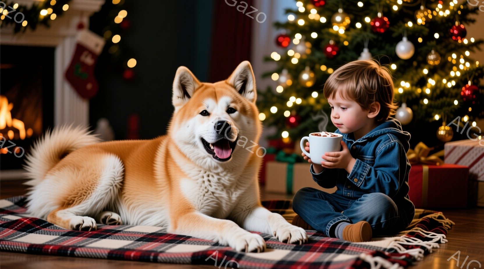 少年はチェック柄の敷物の上に座り、湯気の立つマグカップを手に持っています。明るい笑顔を浮かべた秋田犬が少年の横に横たわり、リラックスした様子です。背景には、装飾されたクリスマスツリーと暖炉があり、温か - AI生成フリー素材