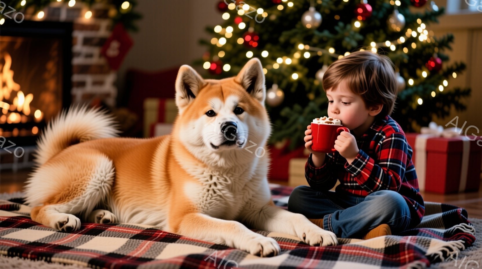 少年は赤いチェックのシャツと濃い青色のズボンを着用し、暖かい飲み物を飲むために座っています。隣には、リラックスして横になっている大きな白い秋田犬がおり、両者とも赤いチェック柄のブランケットの上にいます - AI生成フリー素材